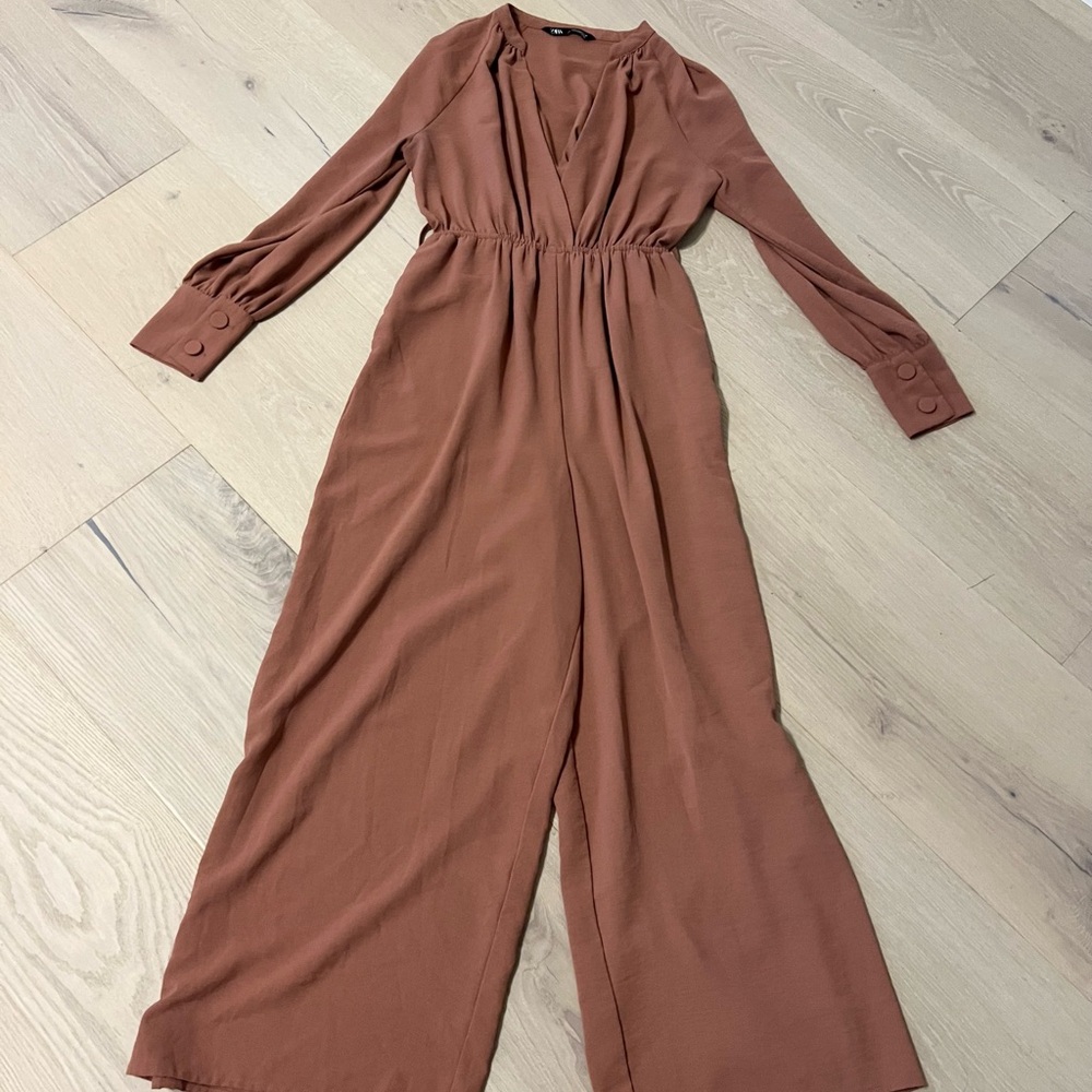 Zara Mauve Jumpsuit with Long Sleeves and Wide-Leg Pants